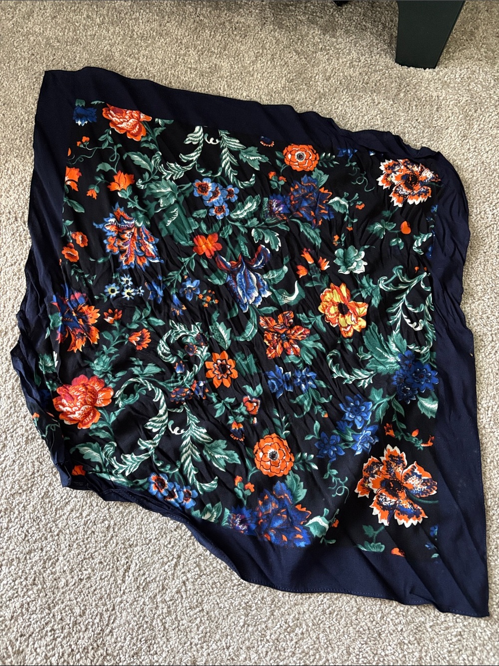 Floral Navy Scarf with Orange & Green Blooms 100% Viscose from Saks